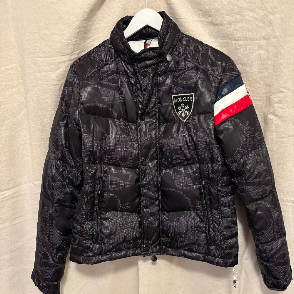 Moncler Black Quilted Puffer Jacket with Red & Blue Stripe
